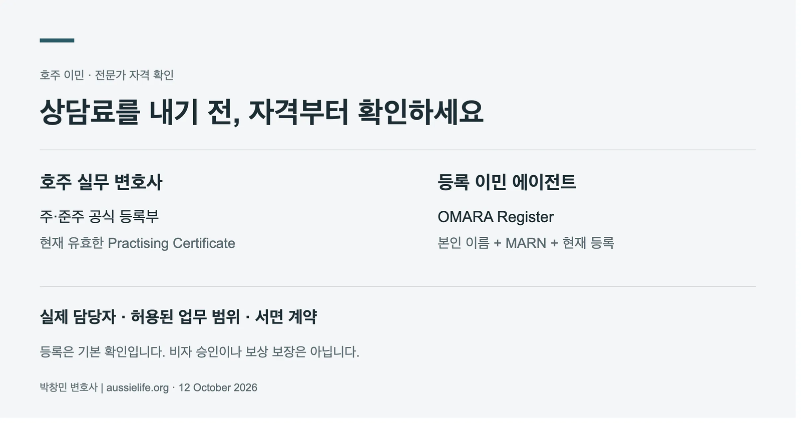 변호사는 현재 실무 면허, 이민 에이전트는 OMARA 현재 등록을 확인하는 두 가지 경로