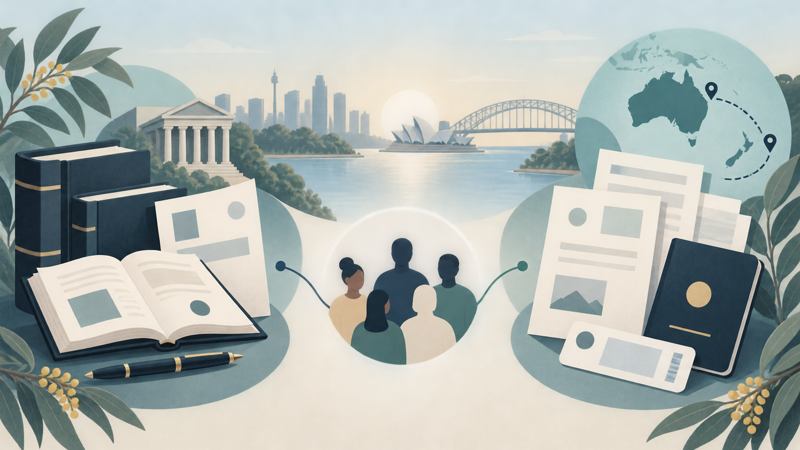 Editorial illustration of broad legal foundations and migration-law specialisation connected to clients in Australia.